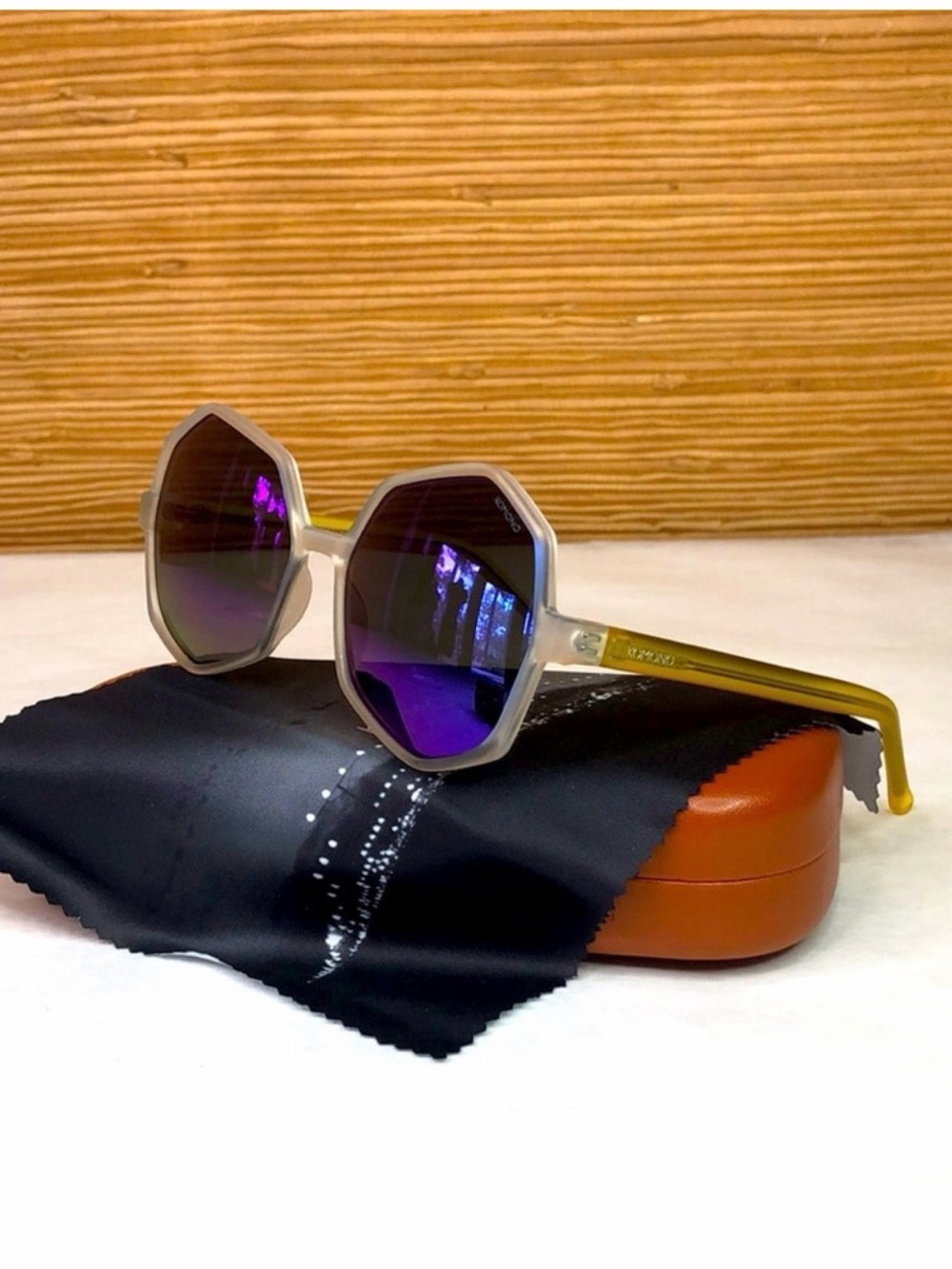 KOMONO Women’s Octagon Mirrored Sunglasses - Blue Lens Yellow Clear Frame - Picture 6 of 9